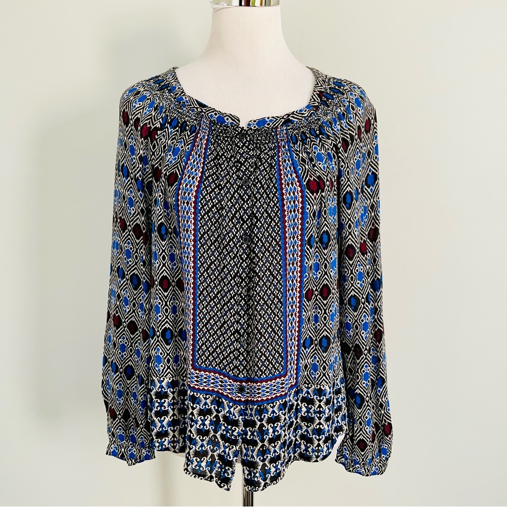 Lucky Brand Light Weight Long Sleeve Boho Top Batik Tribal Print Blouse Size M